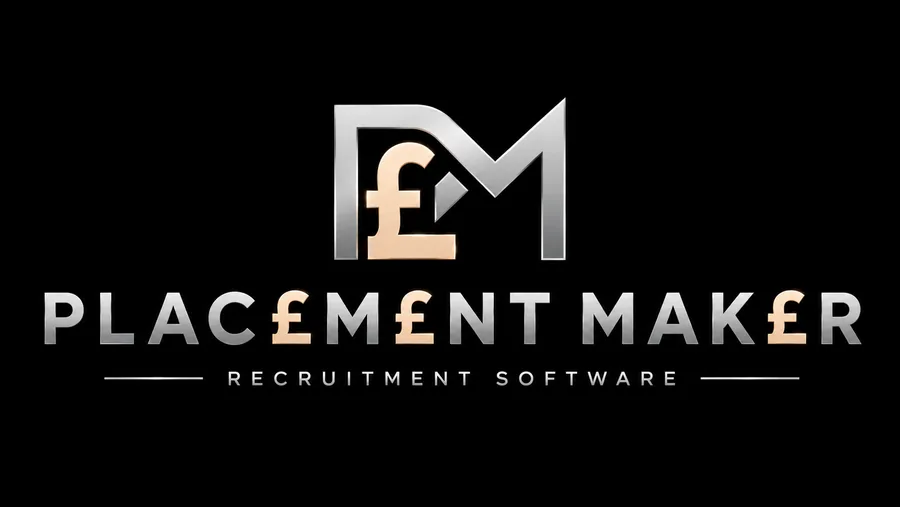 Placement Maker — recruitment software with a £M monogram over the wordmark. Silver + peach on black.